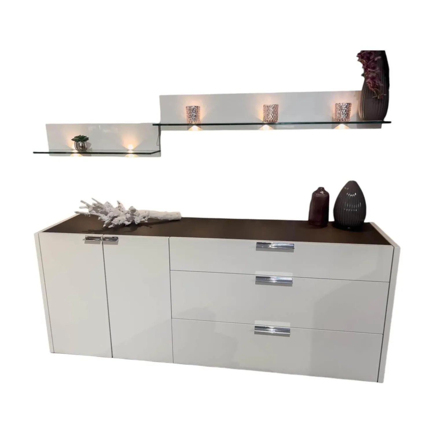 Hülsta Kommoden & Sideboards|Kommode Fena Lack Pure White Weiß Mit Wandboard Glas Und Beleuchtung