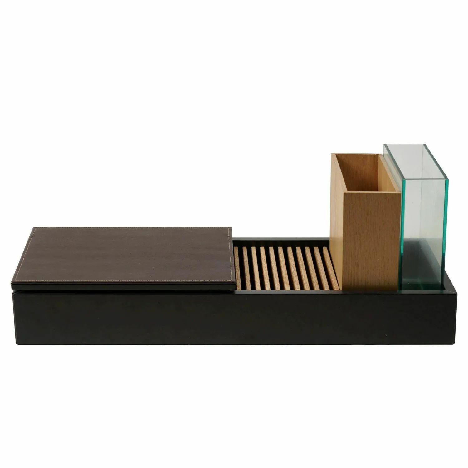 Schönbuch Konsolen|Konsole Hesperide Lack Schieferschwarz Lederauflage Braun Accessoires Eiche Hell Geölt