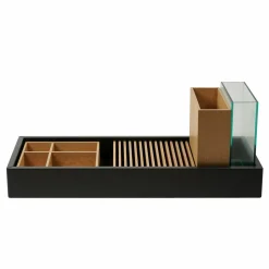 Schönbuch Konsolen|Konsole Hesperide Lack Schieferschwarz Lederauflage Braun Accessoires Eiche Hell Geölt