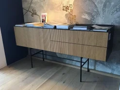 Haas Konsolen|Konsole Sino Front Eiche Rillenoptik Gestell Rundrohr Schwarz Lackiert Abdeckplatte Keramik Marquina Schwarz