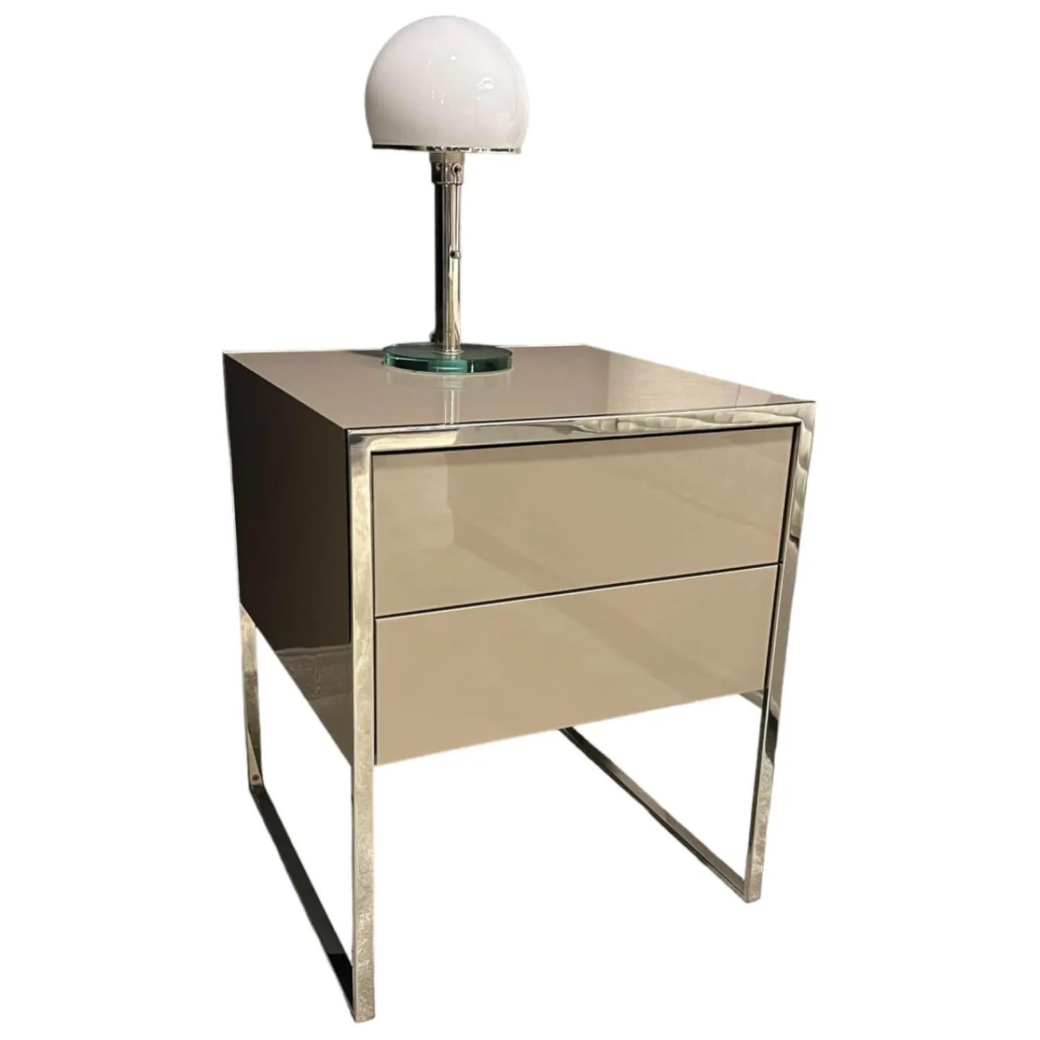 YOMEI Nachttische|Konsole Smart Nako Hochglanz Pantex Taupe Beige Inklusive 3-fach Steckdose Gestell Edelstahl Poliert