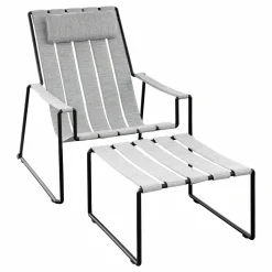 Royal Botania Gartenliegen|Liegestuhl Strappy Textile Natural Silver Dot Silber Gestell Edelstahl Anthrazit Beschichtet Inklusive Hocker