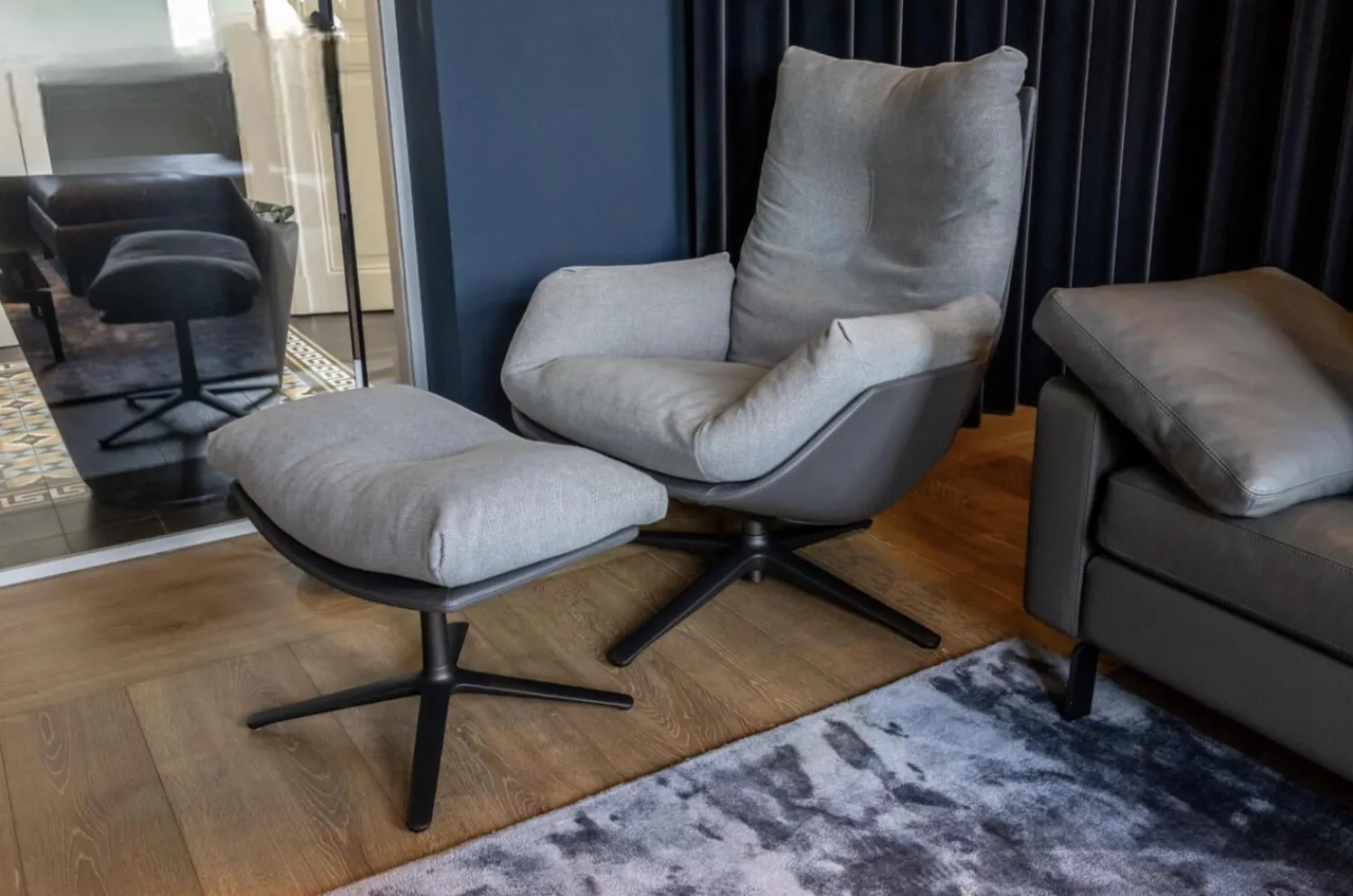 COR Relaxsessel|Loungesessel dia Stoff 9129 Stahl Grau Leder 171 Anthrazit Niedriger Rücken mit Hocker