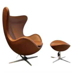 Fritz Hansen Loungesessel|Loungesessel Ei Leder Essential Walnuss Braun Gestell Aluminium Gebürstet Mit Hocker