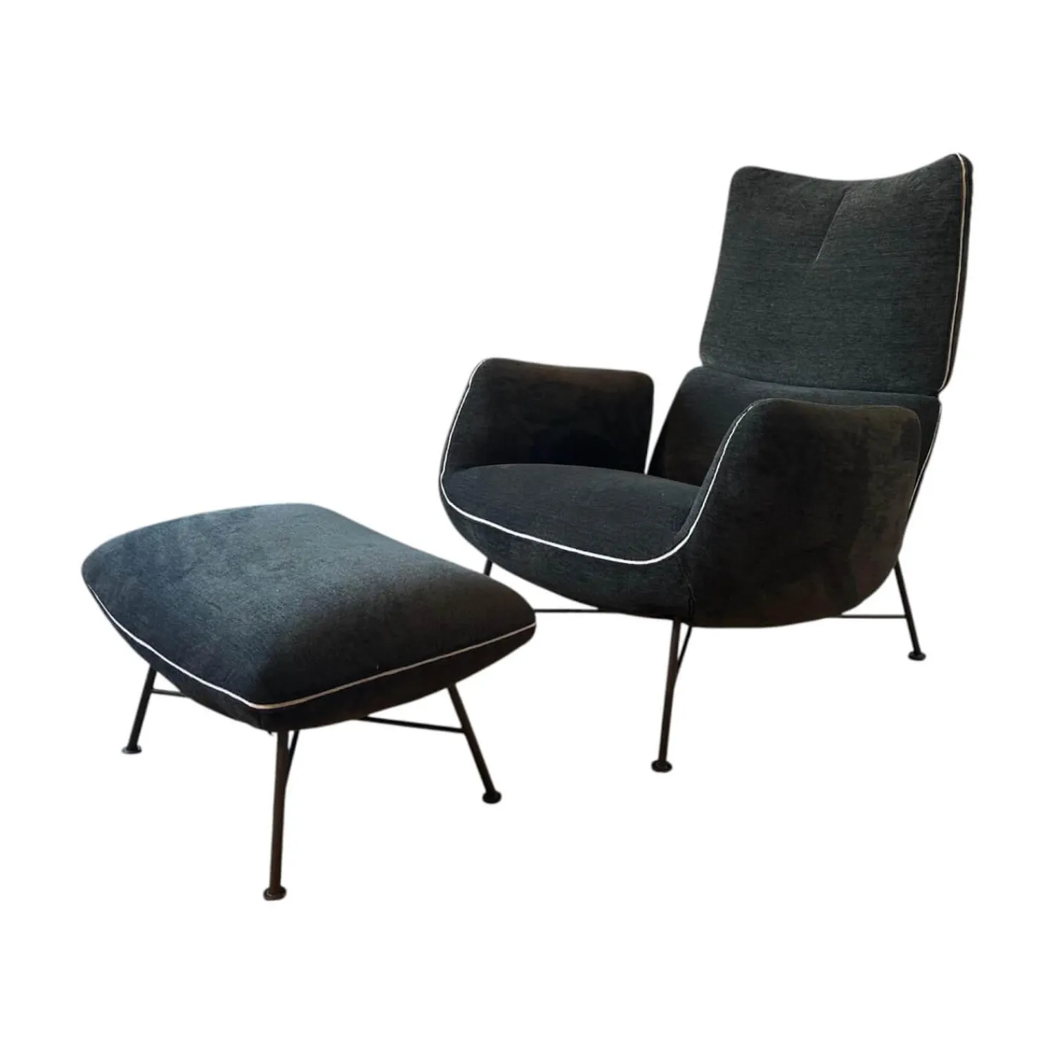 COR Loungesessel|Loungesessel Jalis Niedrig Stoff 8144 Braun Grün Drahtgestell F01 Feinstruktur Schwarz Mit Hocker