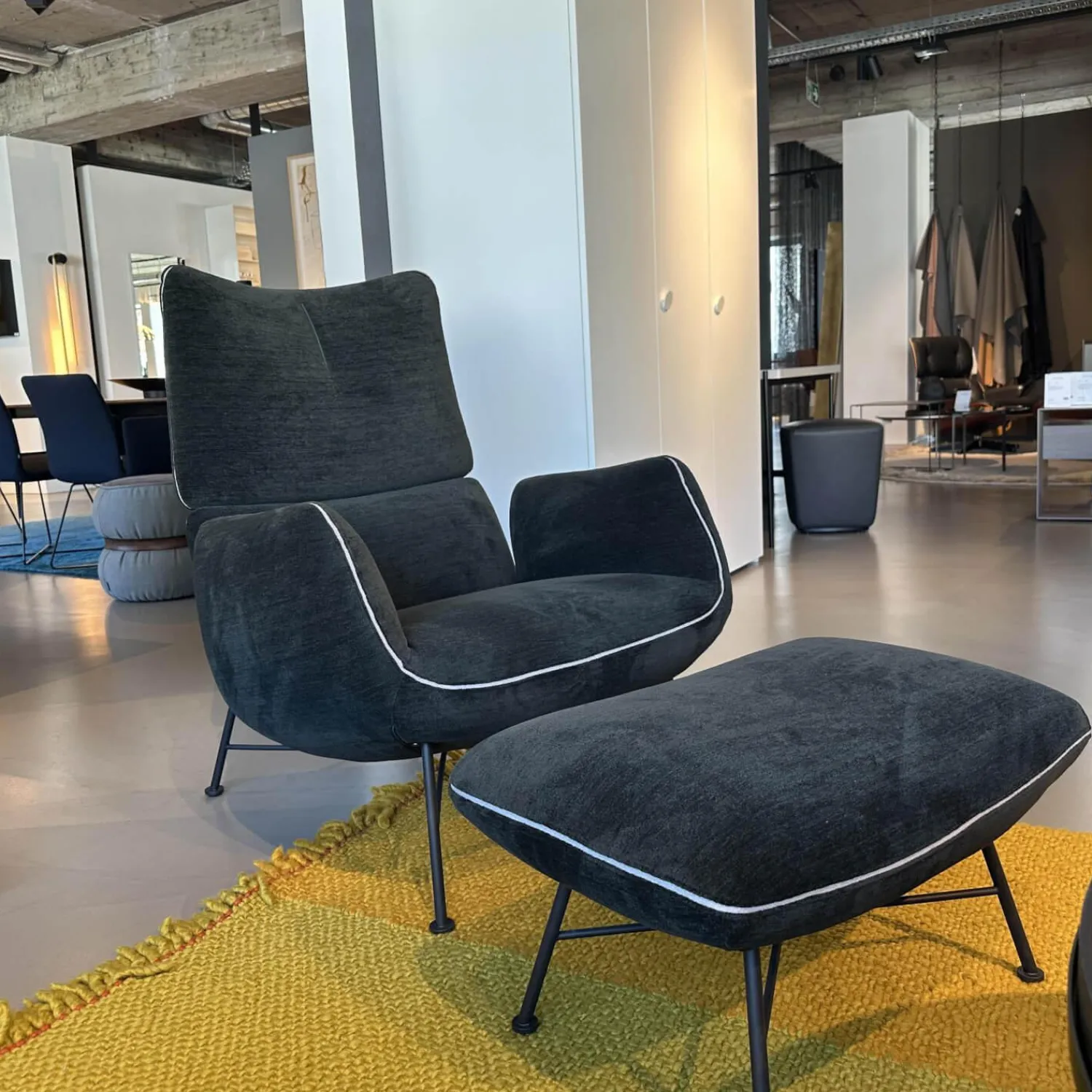 COR Loungesessel|Loungesessel Jalis Niedrig Stoff 8144 Braun Grün Drahtgestell F01 Feinstruktur Schwarz Mit Hocker