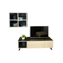 JOOP! Wohnwände & Tv-Lowboards|Lowboard Mit Hängeschrank Gloss Curves Lack Kristallgrau Grau Füße Metall Schwarz