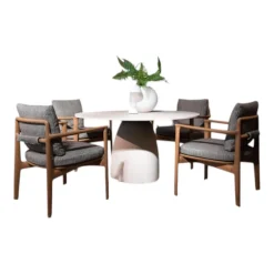 Poliform Essgruppen|Outdoor Essgruppe Magnolia Stuhl Stoff Bris Taupe Grau Gestell Iroko Natural Tisch Monolith Cementoskin Creme Weiß