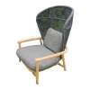 Gloster Loungemöbel|Outdoor Loungesessel Fern Geflochten Rückenlehne Meteor Raven Grau Sitz und Rückenkissen Stoff Wave Quarry Grau Rahmen Aluminium Pulverbeschichtet Grau Untergestell Teakholz Natürliches Finish