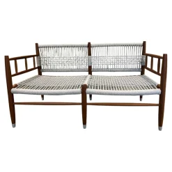 Flexform Gartenbänke|Outdoor Sofabank Lee Geflecht Kordel Eisblau Matt Blau Grau Gestell Holz Iroko Massiv Natur