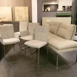 WK Wohnen Stuhlsets|Polsterbank Mit Sessel Und 3 Stühlen Leder Toledo Perle Weiß Creme