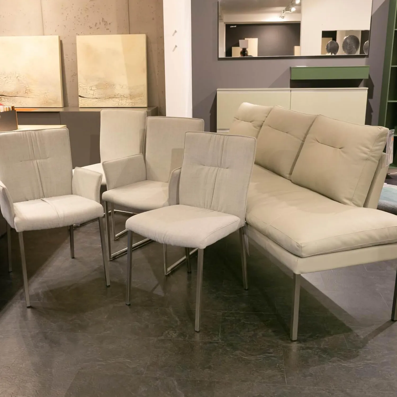 WK Wohnen Stuhlsets|Polsterbank Mit Sessel Und 3 Stühlen Leder Toledo Perle Weiß Creme