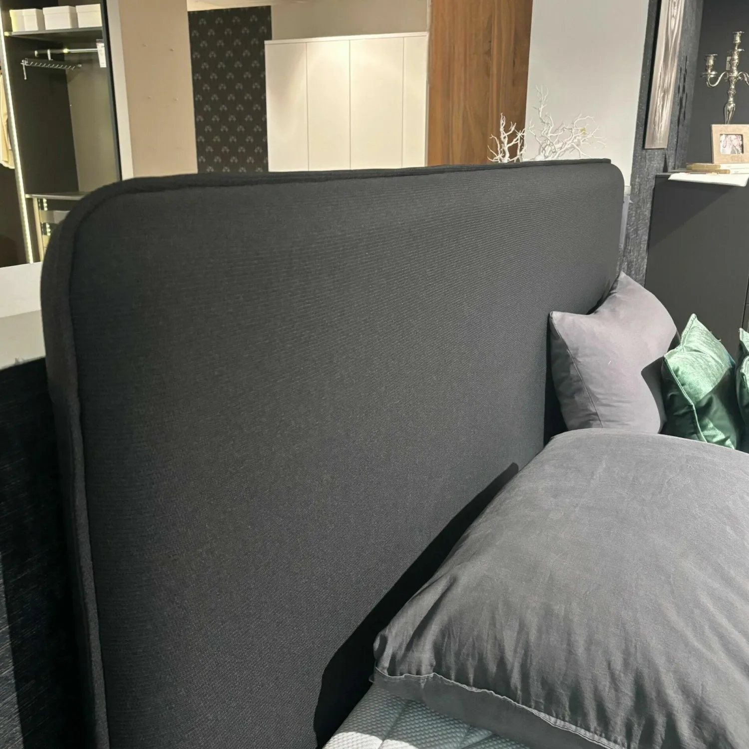 Tempur Polsterbetten|Polsterbett 83020173 Arc Static Disc Textilgewebe Charcoal Grey Grau Füße Eiche Schwarz Matt Lackiert Kopfteil Sensory Ohne Matratze Ohne Lattenrost