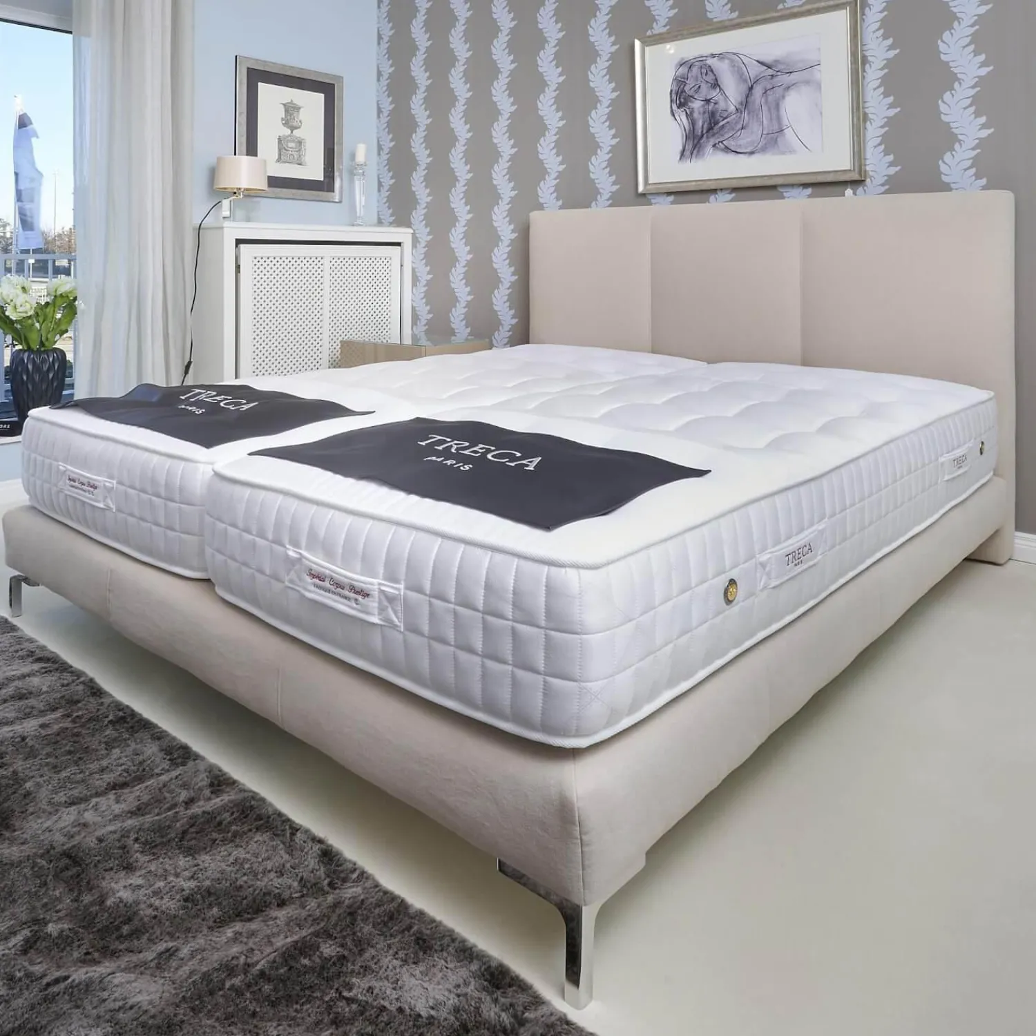 Treca Interiors Polsterbetten|Polsterbett Kate Stoff Hot Madison 072 Beige Creme Füße Chrom mit Matratzen