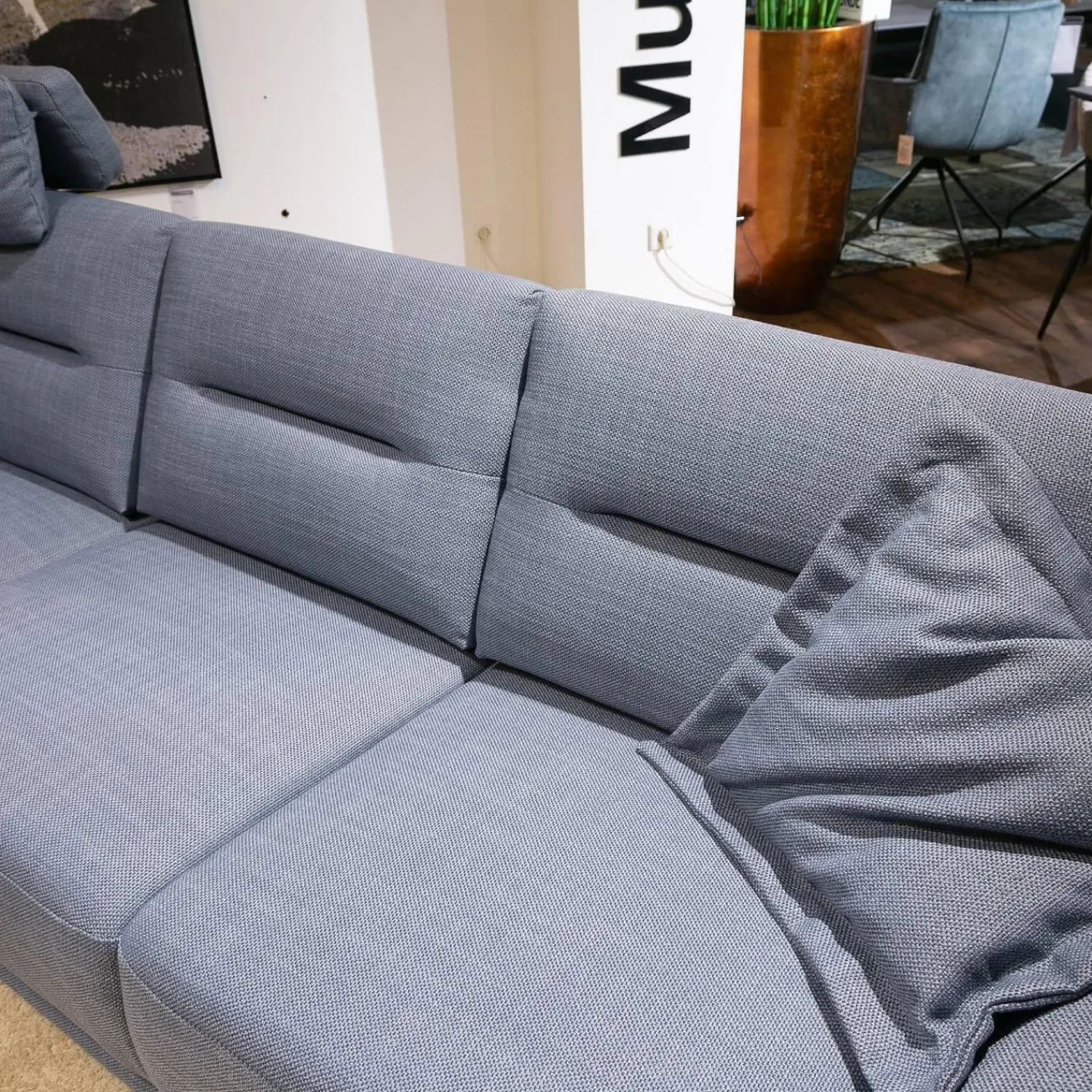 Musterring Ecksofas|Polstergarnitur MR 375 Stoff Picasso Jeans Grau Füße Metall 245 Schwarz Matt Mit Stauraumfunktion Und Kissen