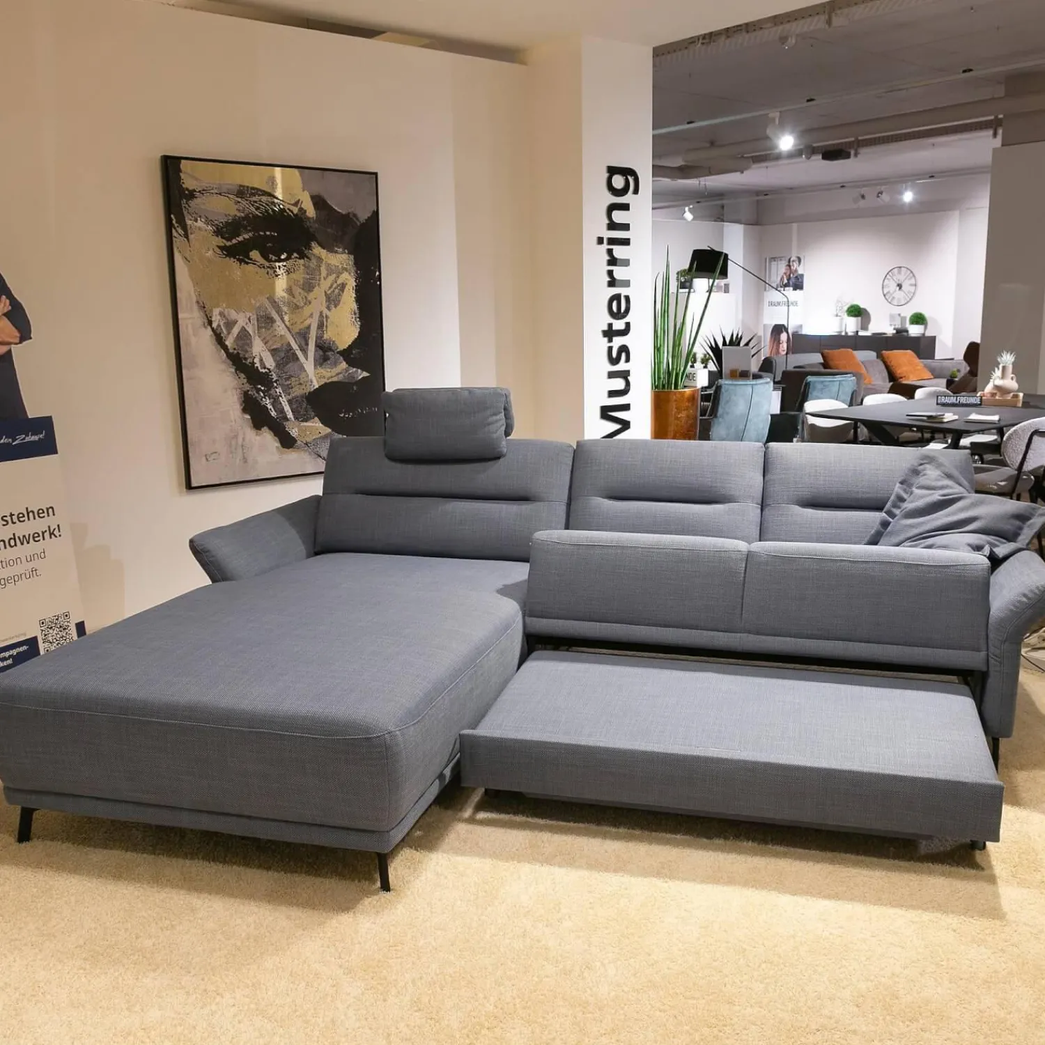 Musterring Ecksofas|Polstergarnitur MR 375 Stoff Picasso Jeans Grau Füße Metall 245 Schwarz Matt Mit Stauraumfunktion Und Kissen