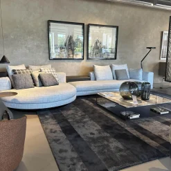 Minotti Wohnlandschaften|Polstergruppe Connery Stoff Double 02 Ghiaccio Grau Ablage Leder Aspen Schwarz Mit Kissen