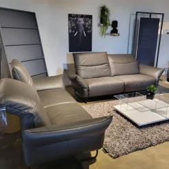 Comfort Republic Polstergruppen|Polstergruppe Victoria Leder Grey PG WR W10 W11 Grau Füße Metallkufe Schwarz Mit Motorischer Relaxfunktion Ohne Couchtisch