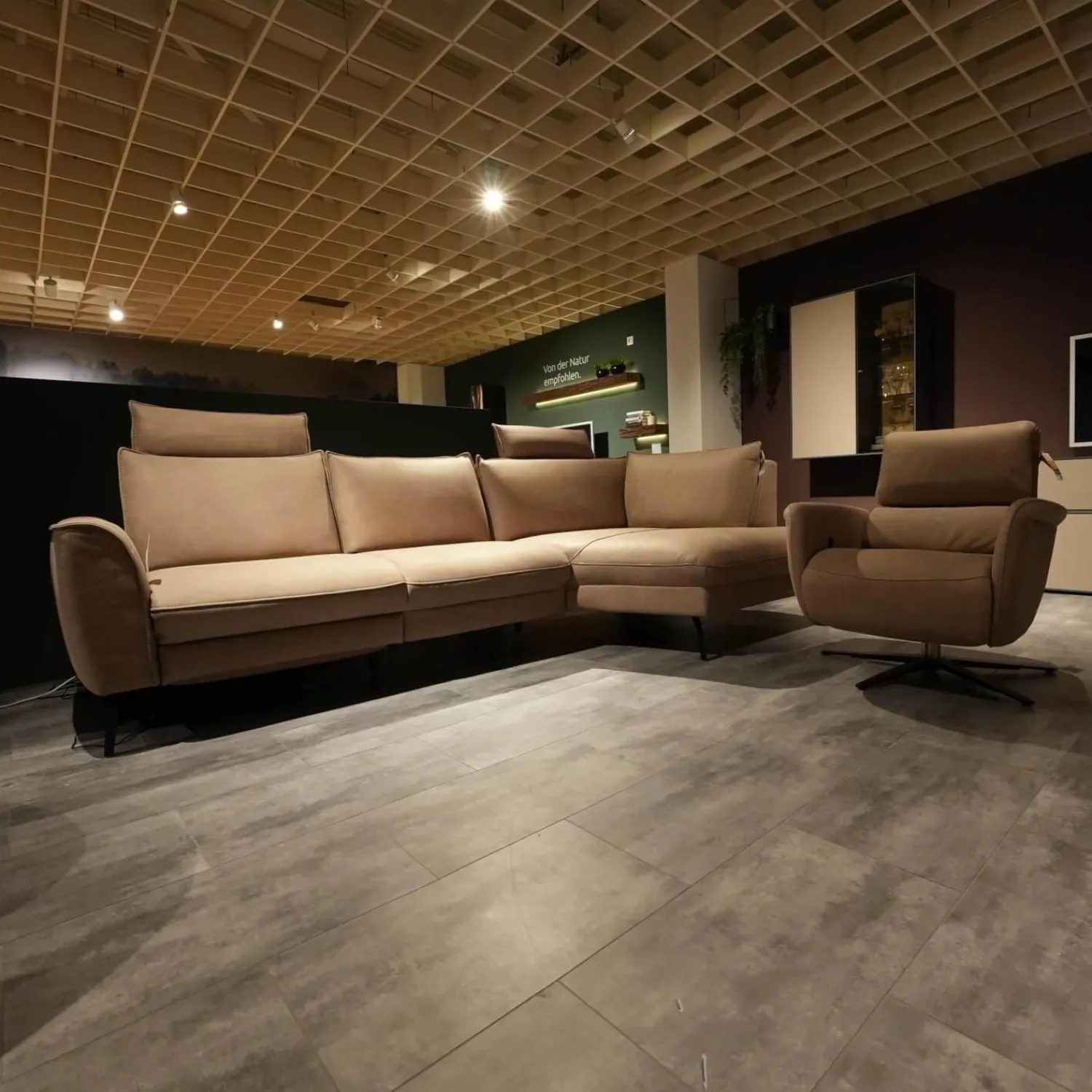 Hukla Polstergruppen|Polstergruppe VS HU1169 Sofa Leder Aurelia Stone Braun Füße Metall Schwarz Mit Sessel Sternfuß Schwarz Und Kissen