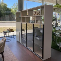 Molteni & C Regale|Wohnwände & Tv-Lowboards|Raumteiler 505 in Lack Kieselgrau mit Glastüren Schwarz Chrom