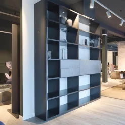 WK Wohnen Regale|Regal WK-420 Viva Glattlack Cosmos-Schwarz Fronen Lack Stahl Hell Gebürstet Mit Beleuchtung