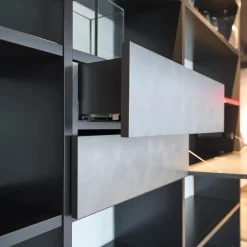 WK Wohnen Regale|Regal WK-420 Viva Glattlack Cosmos-Schwarz Fronen Lack Stahl Hell Gebürstet Mit Beleuchtung