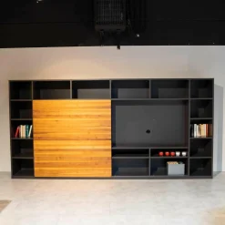 Gruber & Schlager Regale|Regalwand Amineo Lack Schiefer L74 Nussbaum Geölt Mit Schiebetür Und Schubladen