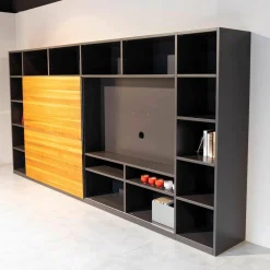 Gruber & Schlager Regale|Regalwand Amineo Lack Schiefer L74 Nussbaum Geölt Mit Schiebetür Und Schubladen