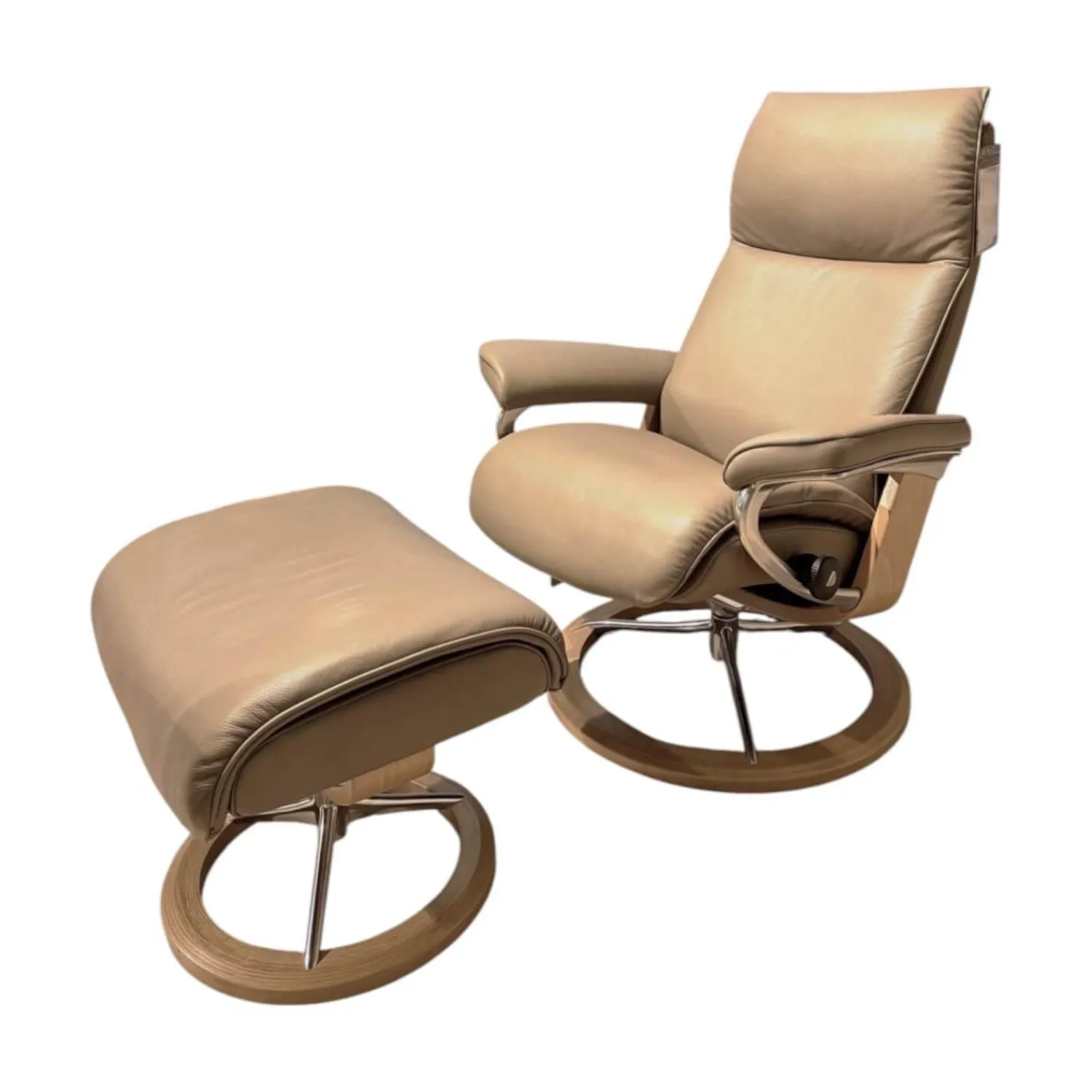 Stressless Relaxsessel|Relaxsessel Aura S Leder Cori Mole Beige Gestell Signature Metall Chrom Holz Eiche Mit BalanceAdapt Inklusive Hocker