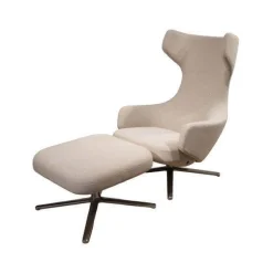 Vitra Relaxsessel|Relaxsessel Grand Repos Stoff Dumet Melange Beige Gestell Aluminium Poliert Inklusive Hocker
