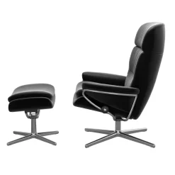 Stressless Relaxsessel|Relaxsessel Rome M Leder Paloma Black Schwarz Base Cross Chrom Glänzend Mit Verstellbarer Kopfstütze Inklusive Hocker