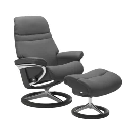 Stressless Relaxsessel|Relaxsessel Sunrise M Leder Batic Grey Grau Base Signature Poliertes Metall Holz Grau Gebeizt Mit Hocker