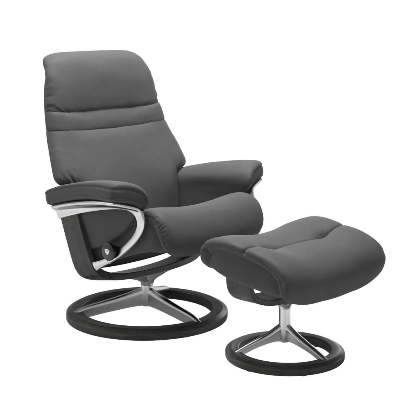 Stressless Relaxsessel|Relaxsessel Sunrise M Leder Batic Grey Grau Base Signature Poliertes Metall Holz Grau Gebeizt Mit Hocker