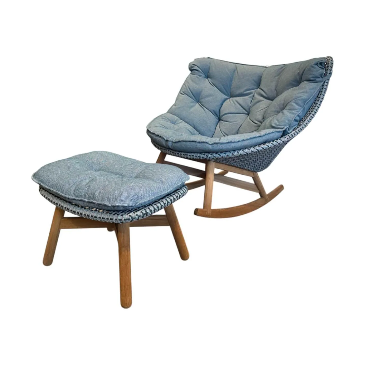 DEDON Loungemöbel|Schaukelstuhl MBrace Geflecht Baltic Blau Grau Sitzfläche Stoff MARnori Blau Grau Gestell Teak Mit Hocker