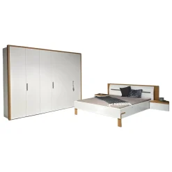 Hülsta Ganze Schlafzimmer|Schlafzimmer Dream Lack Reinweiss Akzent Natureiche Kunstleder Struktur Taupe Grau Griffe Chrom Glänzend