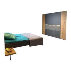 Thielemeyer Ganze Schlafzimmer|Schlafzimmer Milo Wildeiche Massiv Gebürstet Lack Graphit Akzent Naturstein Grau Füße Metall Titan Grau Mit Beleuchtung