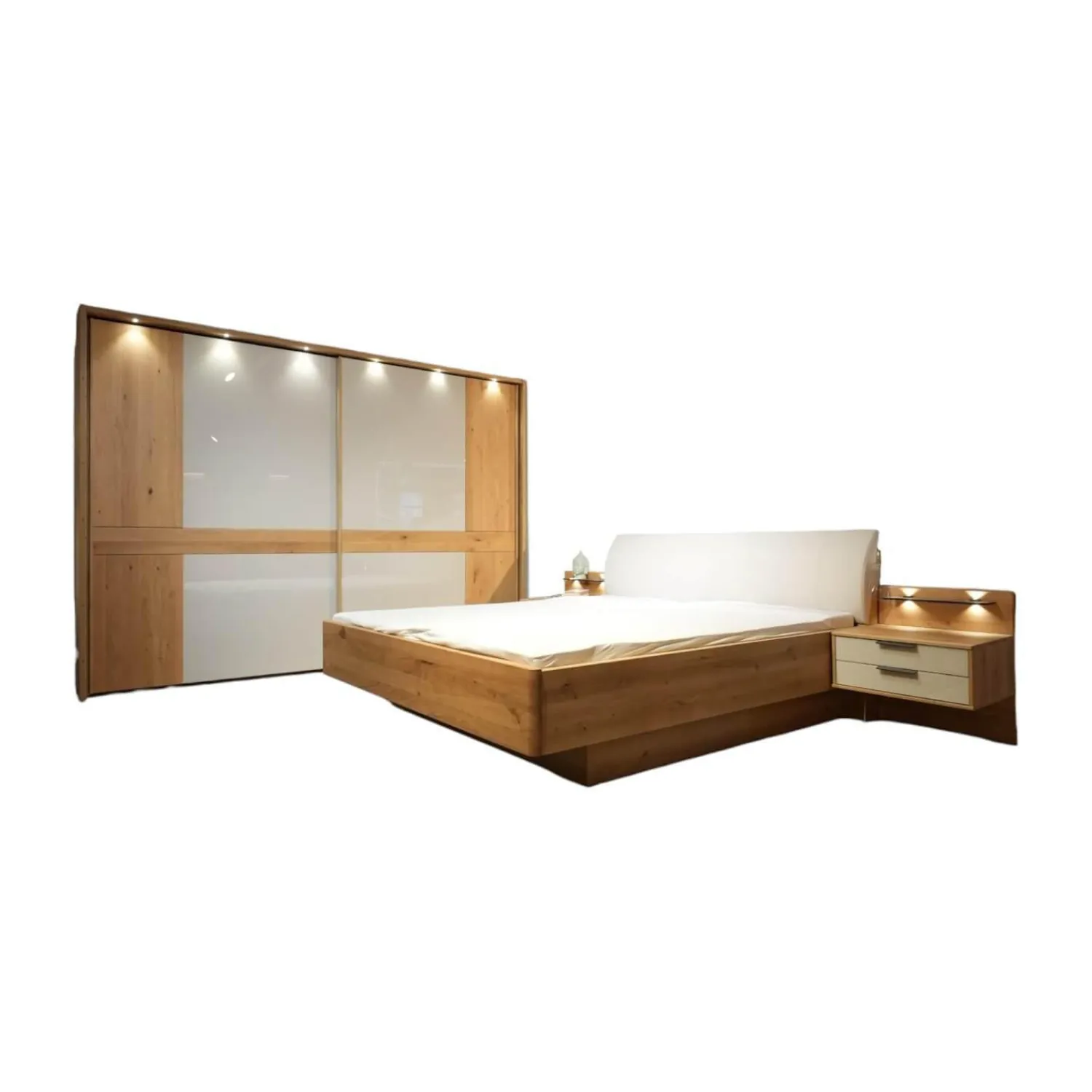 Wiemann Ganze Schlafzimmer|Schlafzimmer Modena Plus Eiche Bianco Glas Leder Champagner Inklusive LED Flexleuchten Bett Ohne Matratze Ohne Lattenrost