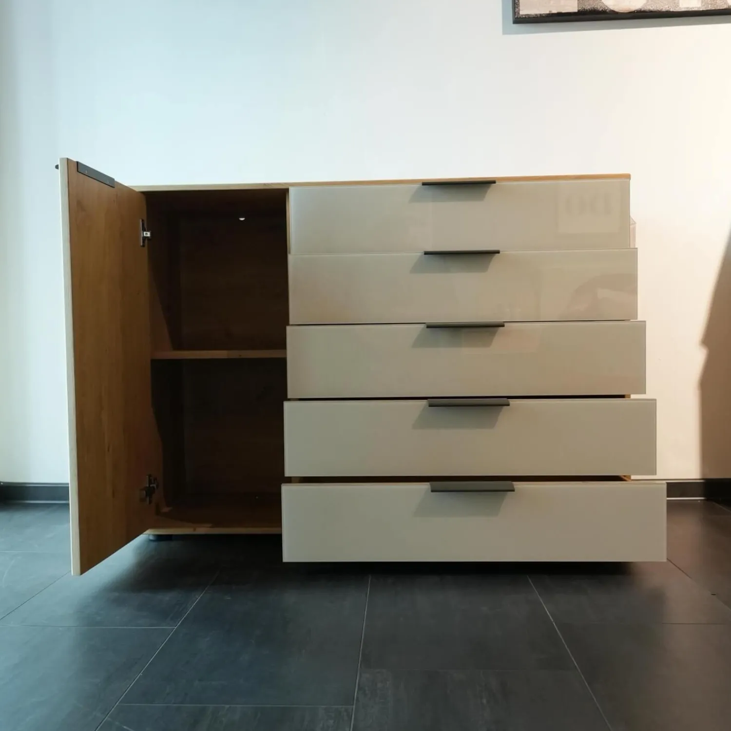 Wiemann Ganze Schlafzimmer|Schlafzimmer Modena Plus Eiche Bianco Glas Leder Champagner Inklusive LED Flexleuchten Bett Ohne Matratze Ohne Lattenrost