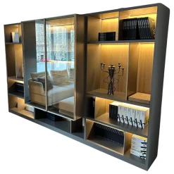 Molteni & C Wohnwände & Tv-Lowboards|Schrank Systemwand 505 Up System Holz Dolomitgrau Glas Transparent Stopsol mit Beleuchtungskit Schuko