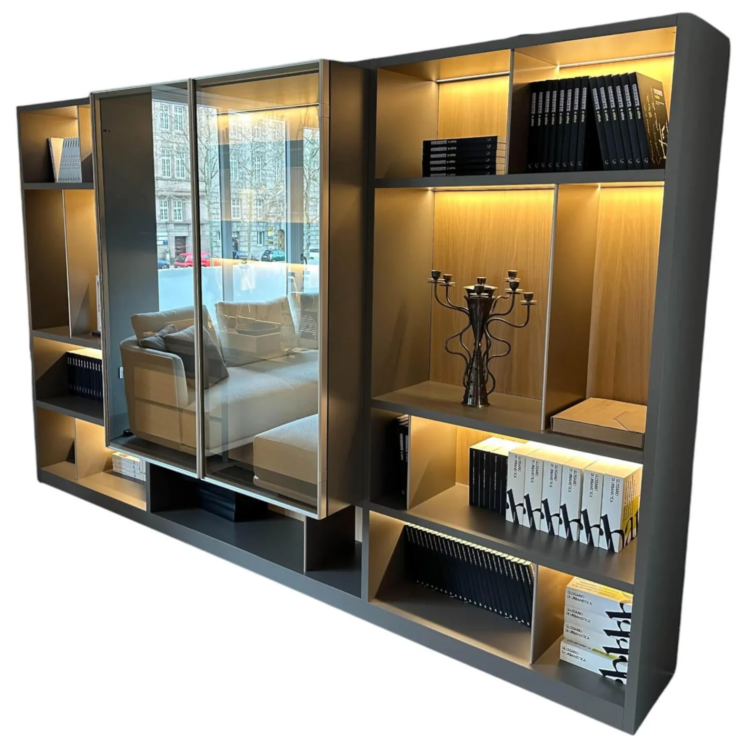 Molteni & C Wohnwände & Tv-Lowboards|Schrank Systemwand 505 Up System Holz Dolomitgrau Glas Transparent Stopsol mit Beleuchtungskit Schuko