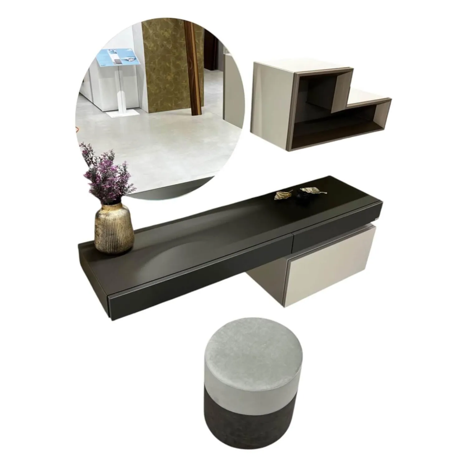 Hülsta Schreibtische & Sekretäre|Schreibtisch Tetrim Lack Seidengrau Grau Inklusive Spiegel Und Beleuchtung