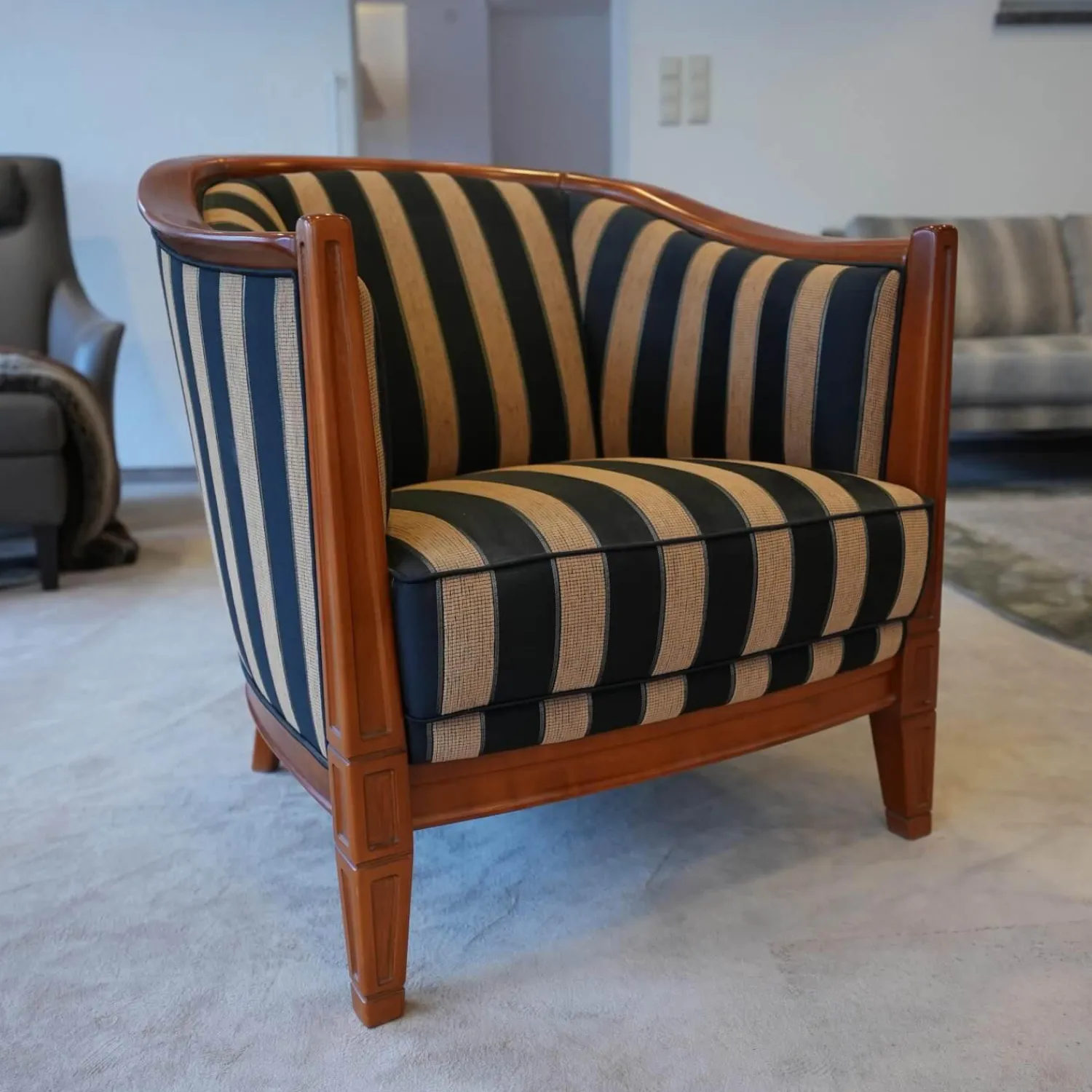 Eigene Herstellung Relaxsessel|Schulenburg Sichtholzsessel Monaco Bezug Stoff Stripe 4318 Sichtholzgestell Kirschbaum Massiv Antik