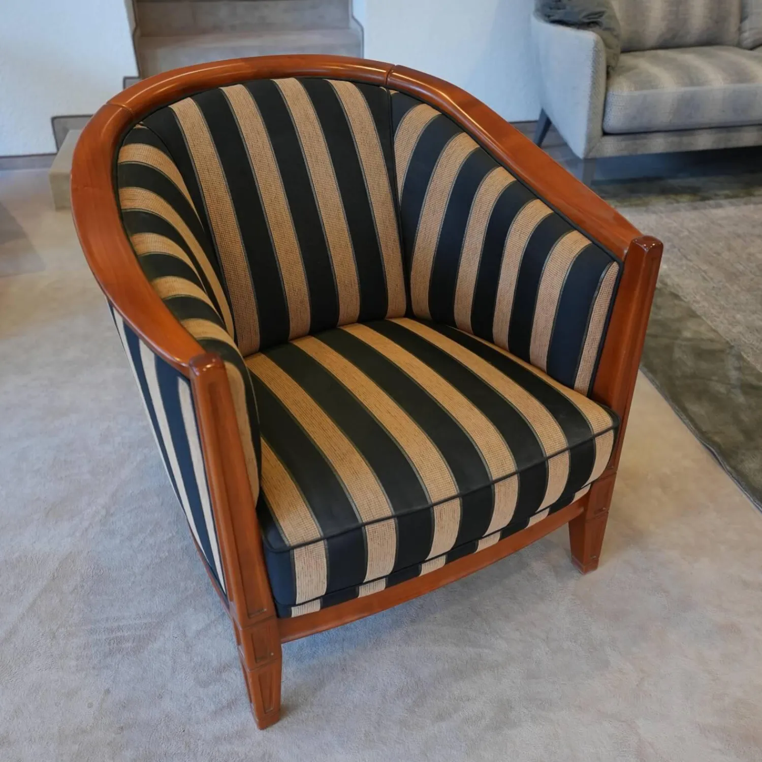 Eigene Herstellung Relaxsessel|Schulenburg Sichtholzsessel Monaco Bezug Stoff Stripe 4318 Sichtholzgestell Kirschbaum Massiv Antik