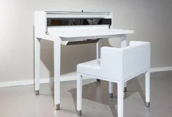 YOMEI Schreibtische & Sekretäre|Sekretär Miss Moneypenny Edelstahl Poliert Bezug Leder Weiß Mit Hocker Und Beleuchtung