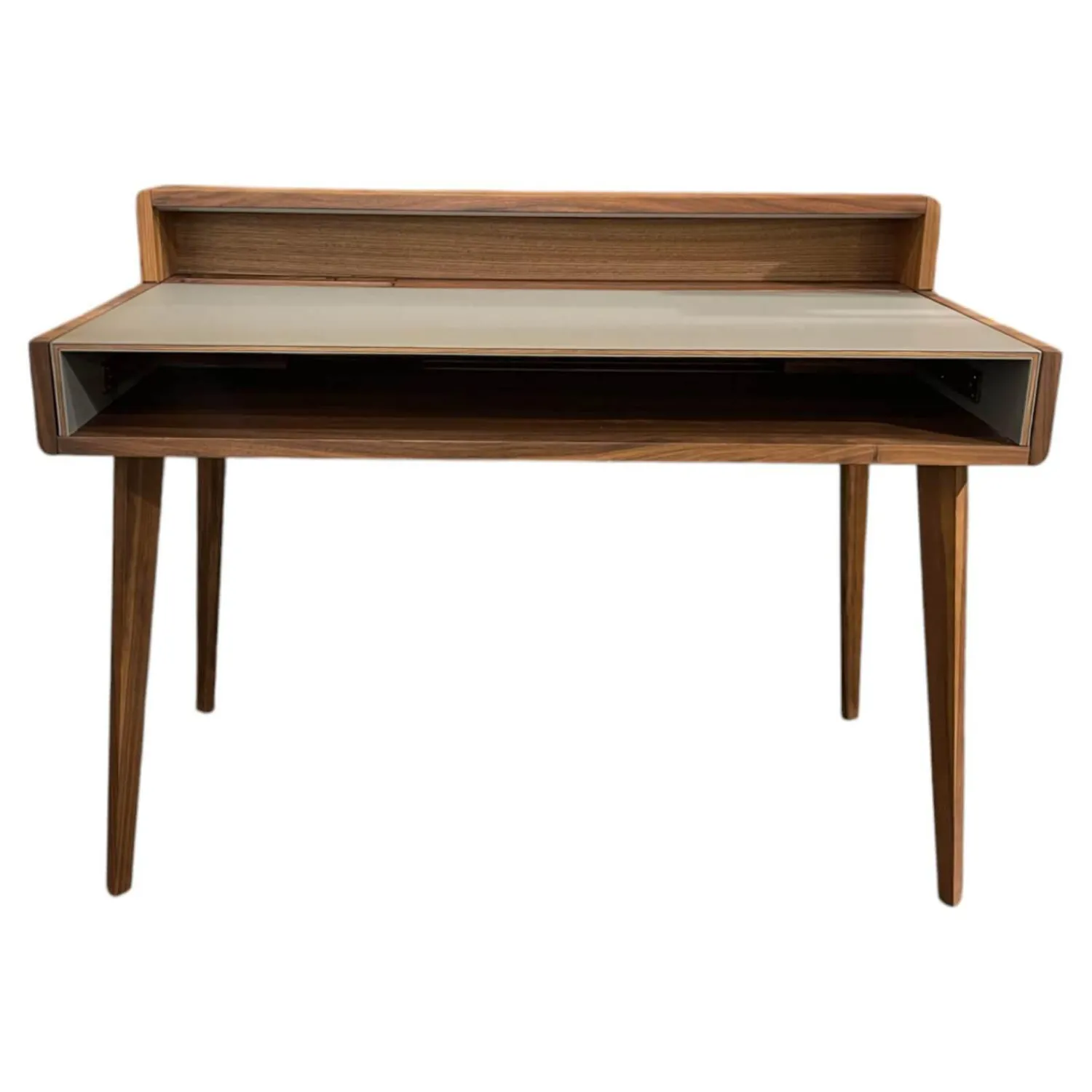 Team 7 Schreibtische & Sekretäre|Sekretär Sol Platte Leder Origin Mittelgrau Grau Gestell Nussbaum Natur Inklusive Licht