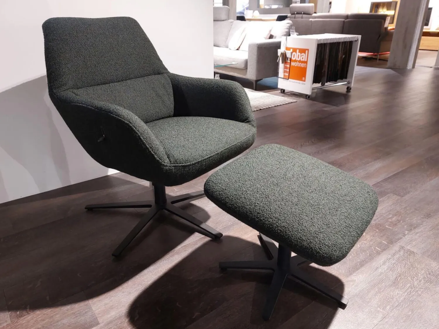 himolla Loungesessel|Sessel 7841 Stoff Crumble Bottle Grün Grau Sternfuß Stahl Anthrazit Mit Hocker