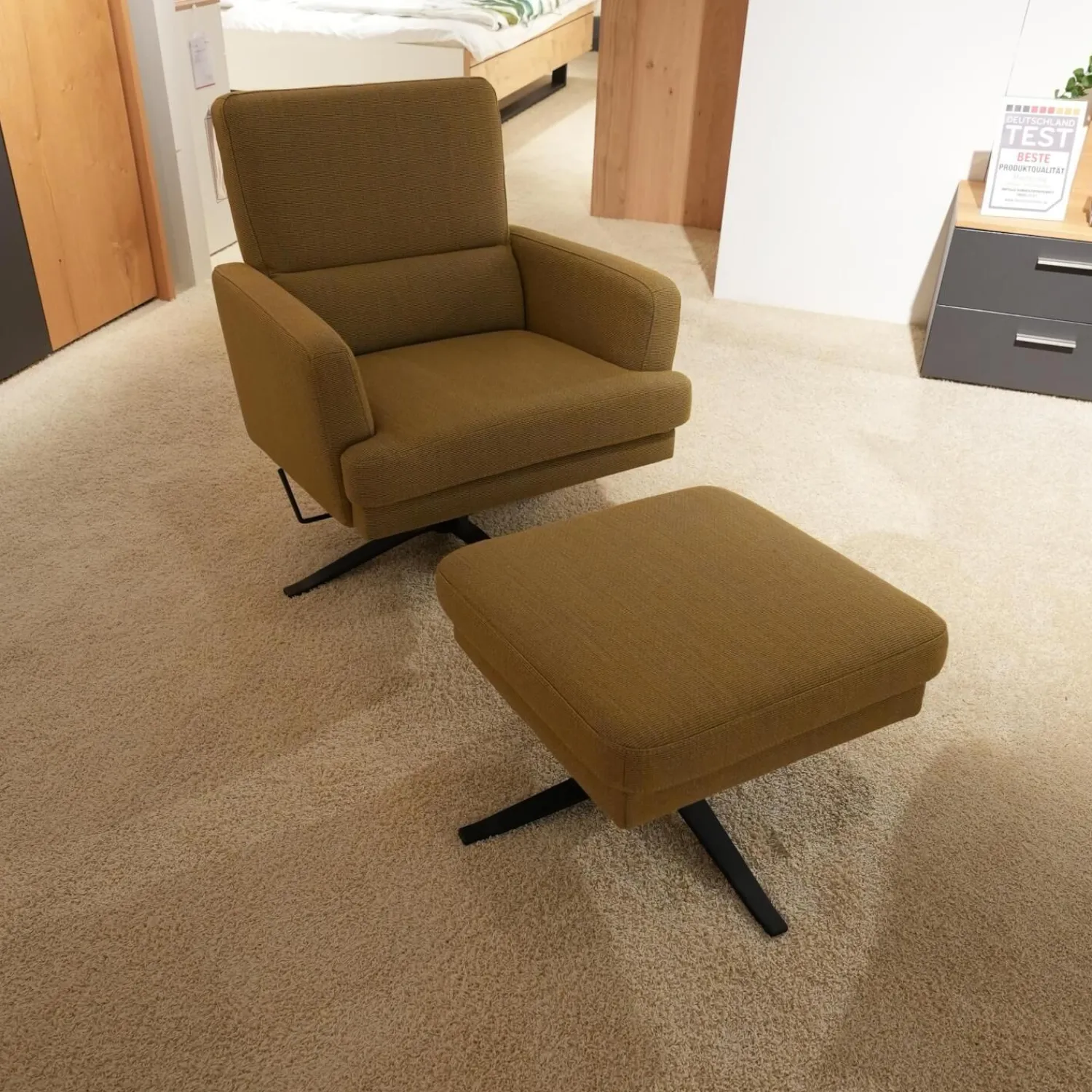 Candy Relaxsessel|Sessel 4585 Stoff JAB 12040 Braun Gelb Sternfußgestell Metall Schwarz Matt Mit Wippfunktion Inklusive Hocker