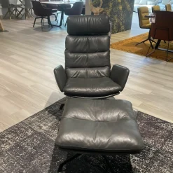 KFF Fernsehsessel|Relaxsessel|Sessel Arva Leder Sauvage Anthrazit Drehgestell Metall Schwarz Inklusive Hocker