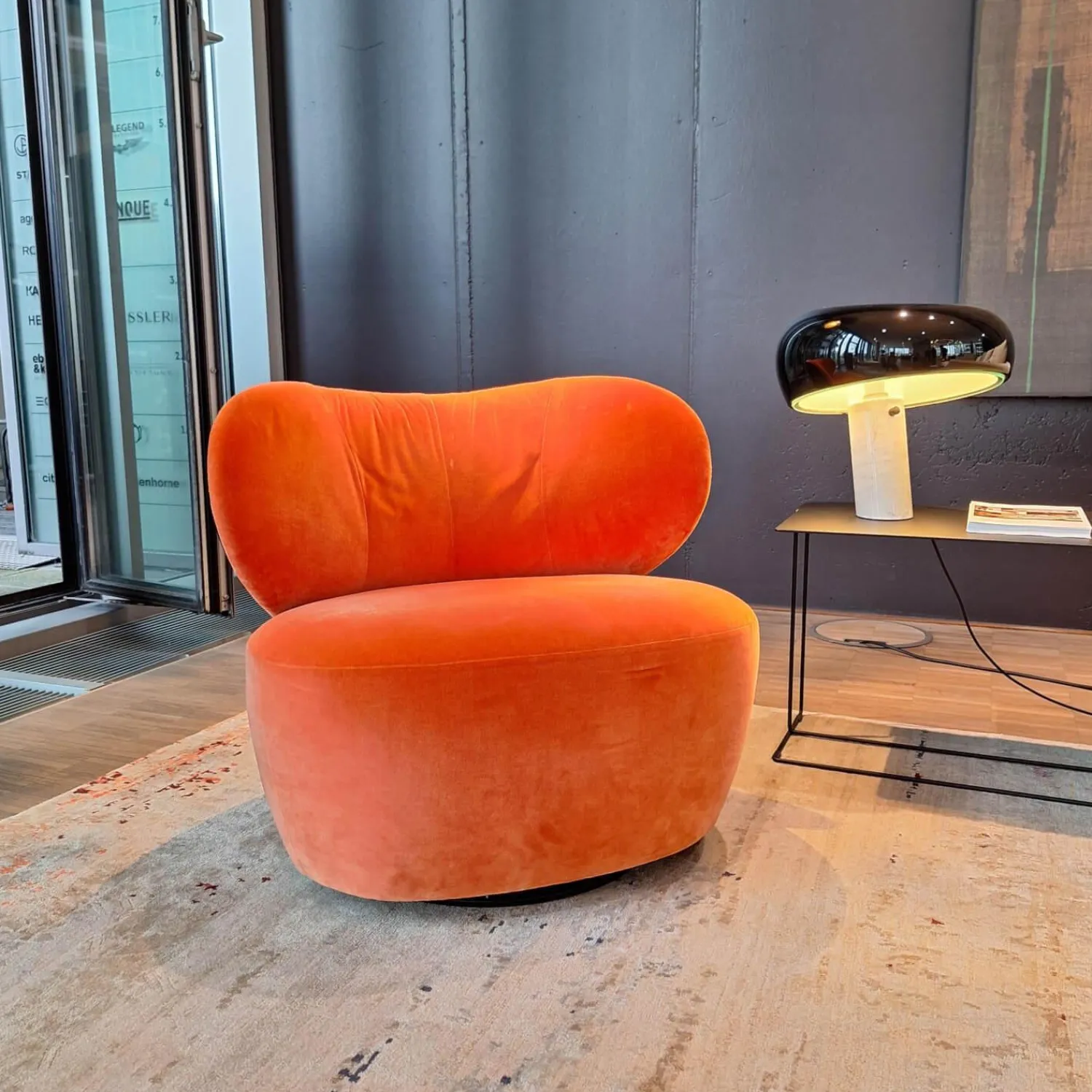 Walter Knoll Loungesessel|Sessel Bao Außen Leder Seddle Coffee Schwarz Innen Stoff Samt Harald Pumpkin Orange Drehteller Schwarz