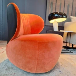 Walter Knoll Loungesessel|Sessel Bao Außen Leder Seddle Coffee Schwarz Innen Stoff Samt Harald Pumpkin Orange Drehteller Schwarz